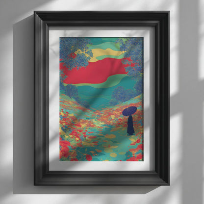 Floral Path Poster with Colourful Print and Solitary Umbrella Figure