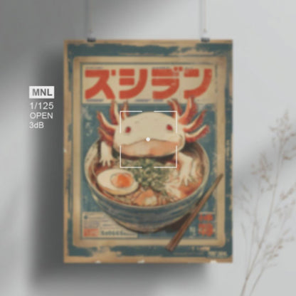 Vintage Axolotl Ramen Poster with Japanese-Inspired Retro Design