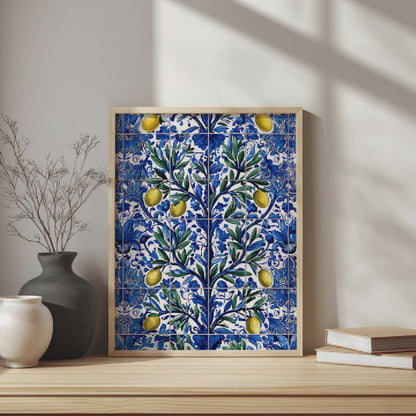 Hand-Painted Azulejo Olive Branch Poster with Cobalt Blue Florals