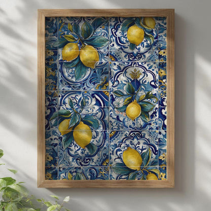 Hand-Painted Azulejo Lemon Poster with Mediterranean Tile Pattern