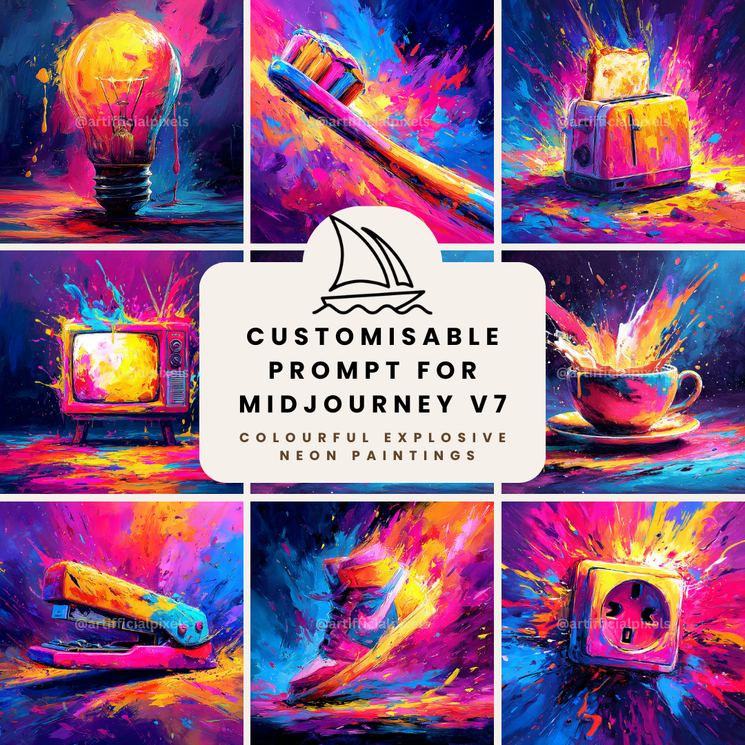 Psychedelic still life Midjourney V7 prompt bundle for creating electric digital art and neon poster designs

