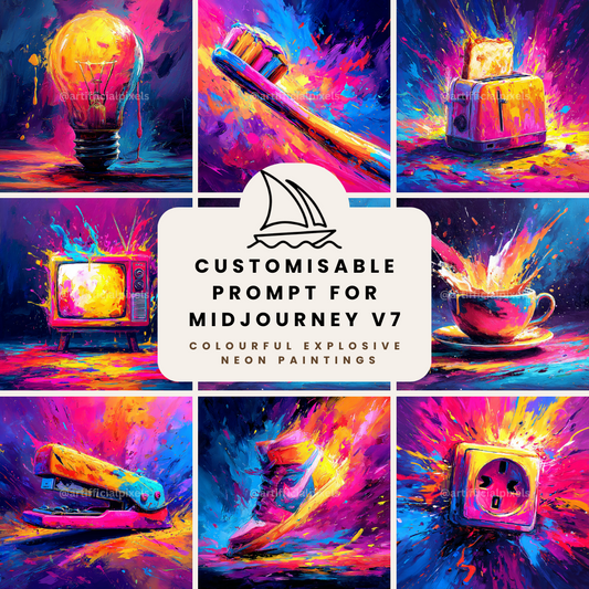 Psychedelic still life Midjourney V7 prompt bundle for creating electric digital art and neon poster designs


