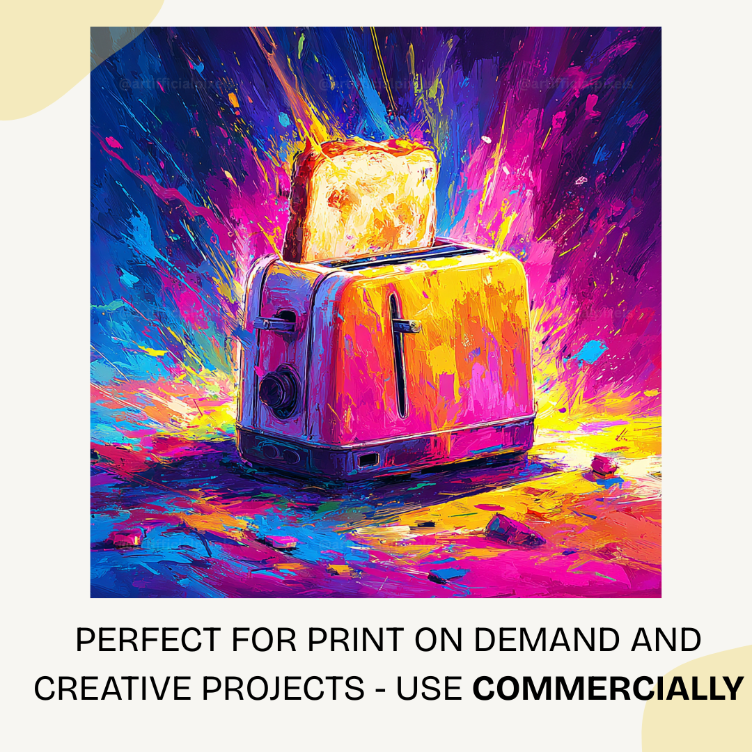 Psychedelic toaster still life artwork generated with Midjourney AI prompt for print-on-demand designs

