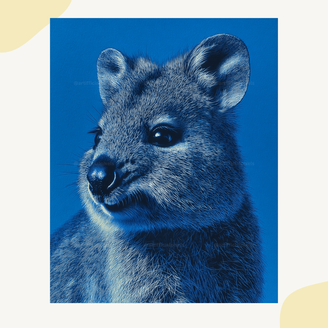Blue quokka illustration in pointillism art style created with Midjourney AI prompt for digital artists and Etsy sellers

