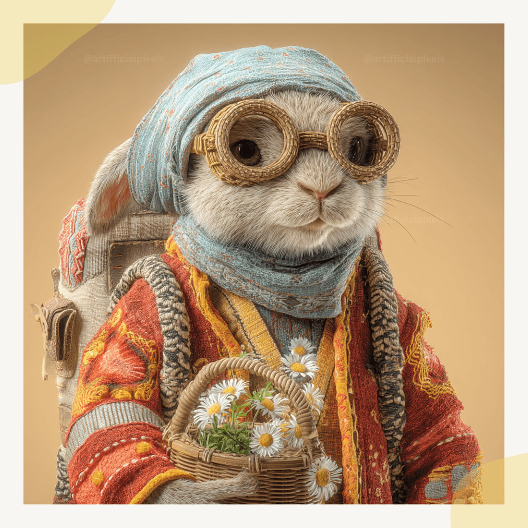 Rabbit poster print featuring whimsical fantasy character with rustic textiles and embroidered robe. Unique animal art from Midjourney Prompt.