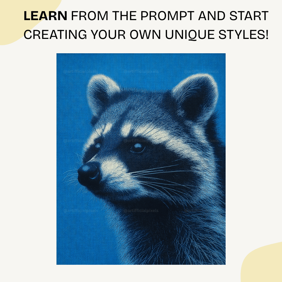 Blue-toned raccoon illustration in pointillism style created with customizable Midjourney AI prompt for creative projects



