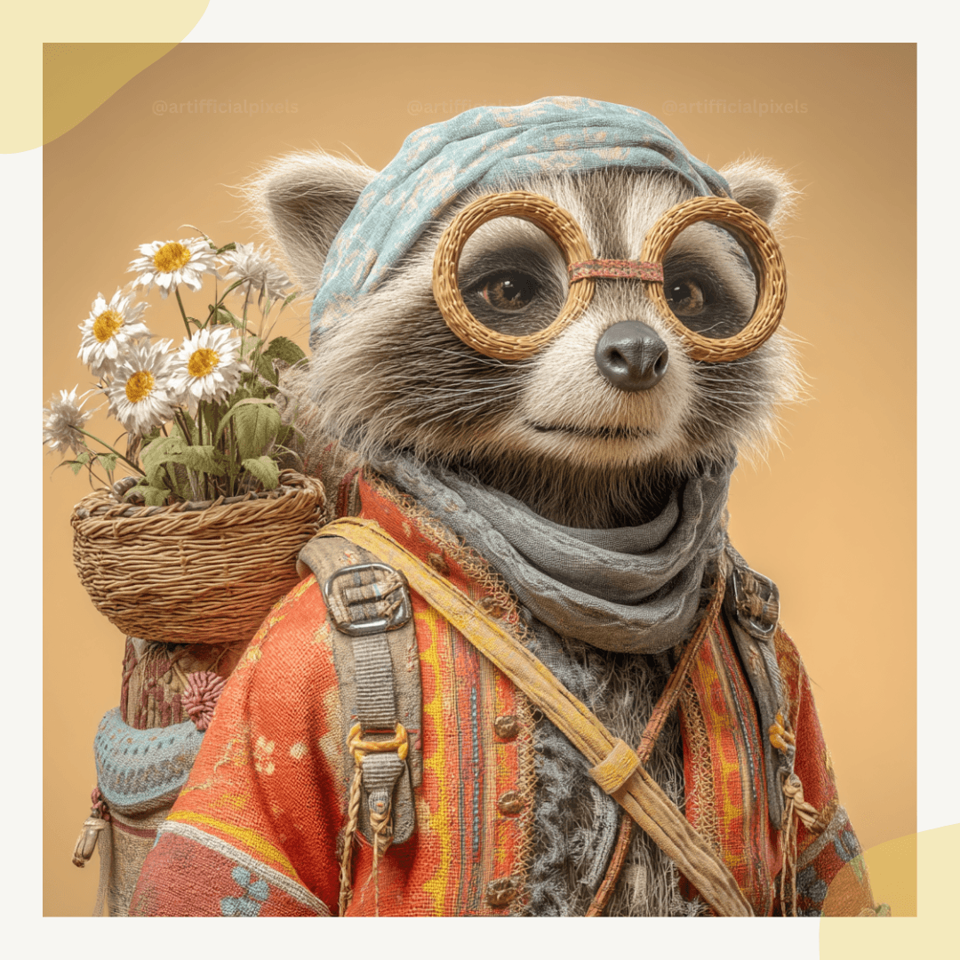 Raccoon poster print in whimsical traveller fantasy style, rustic backpack, and embroidered robe. Animal decor generated with Midjourney Prompt.