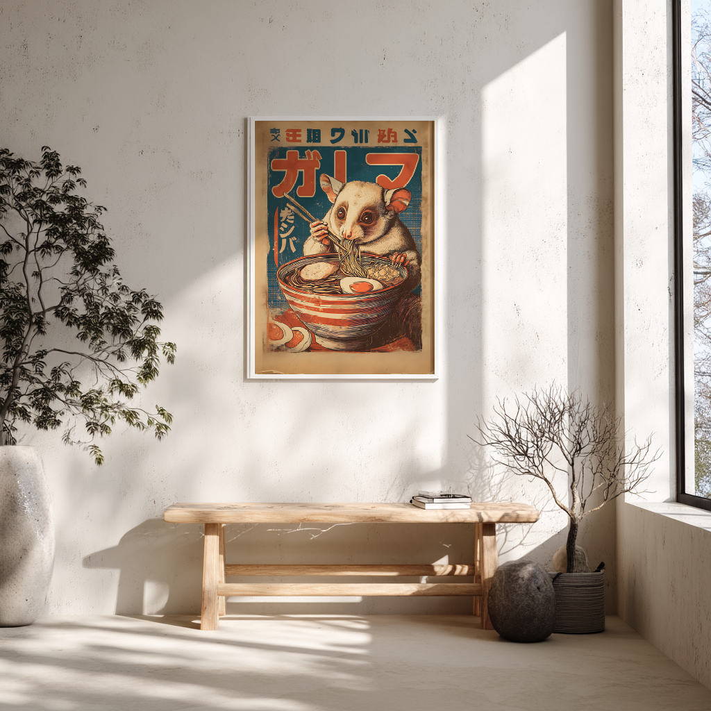 Vintage ramen poster with kinkajou art displayed above wooden bench in Scandinavian interior