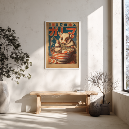 Vintage ramen poster with kinkajou art displayed above wooden bench in Scandinavian interior
