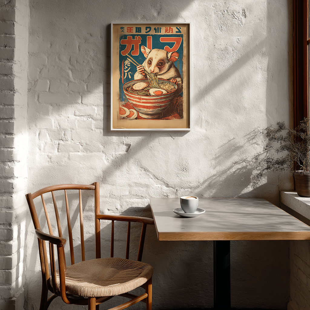 Vintage ramen poster displayed in cozy Scandinavian style cafe interior