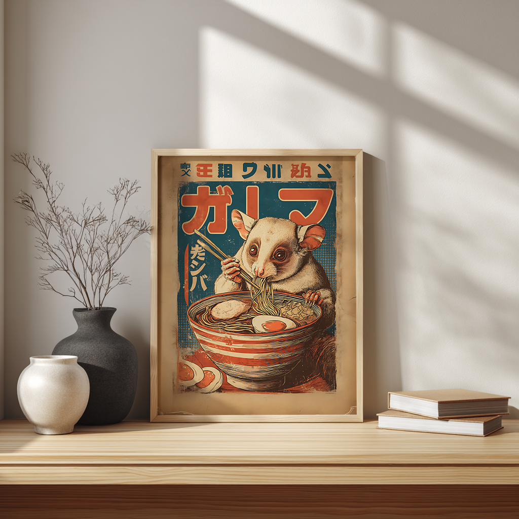 Vintage ramen poster displayed on modern Scandinavian style desk setup