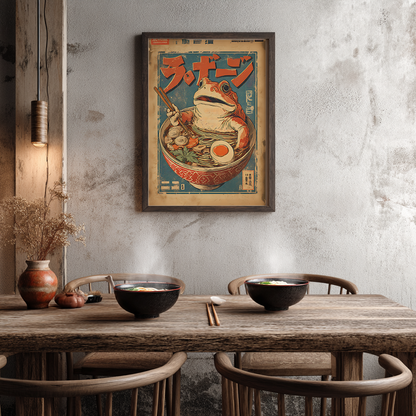 Vintage illustration of frog with Japanese ramen noodle bowl, retro poster design