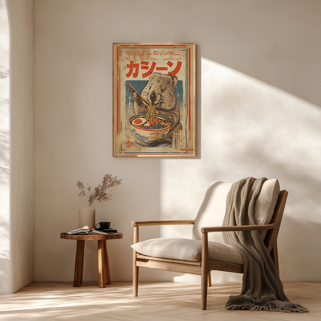 Cozy reading nook interior with vintage wombat ramen poster wall art