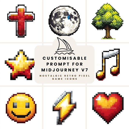 Retro pixel art midjourney prompt collection showcasing various 8-bit style icons and digital art examples for AI generated designs

