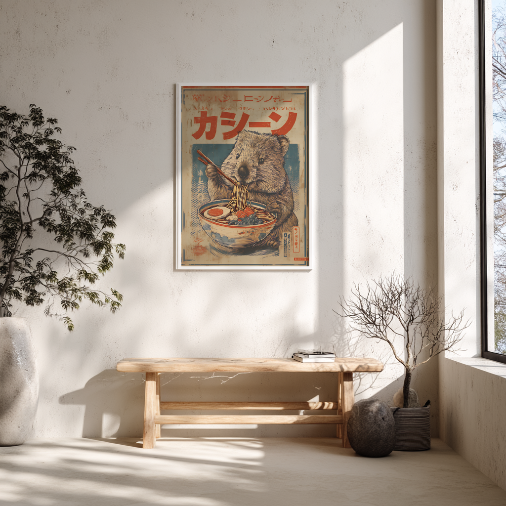 Scandinavian style bench area with vintage Japanese wombat poster display