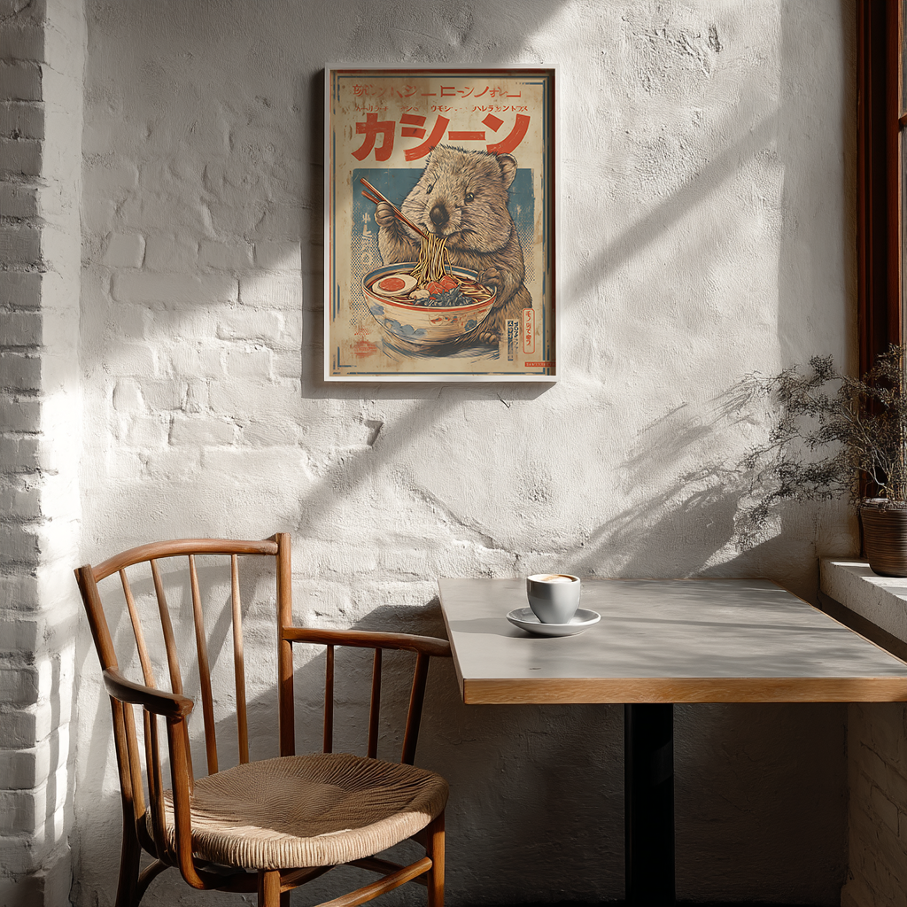 Scandinavian cafe interior mockup with vintage Japanese wombat artwork