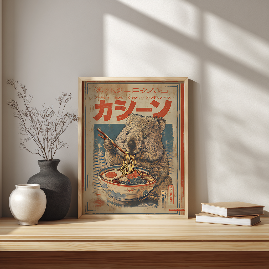  Scandinavian desk workspace featuring vintage wombat ramen bowl poster