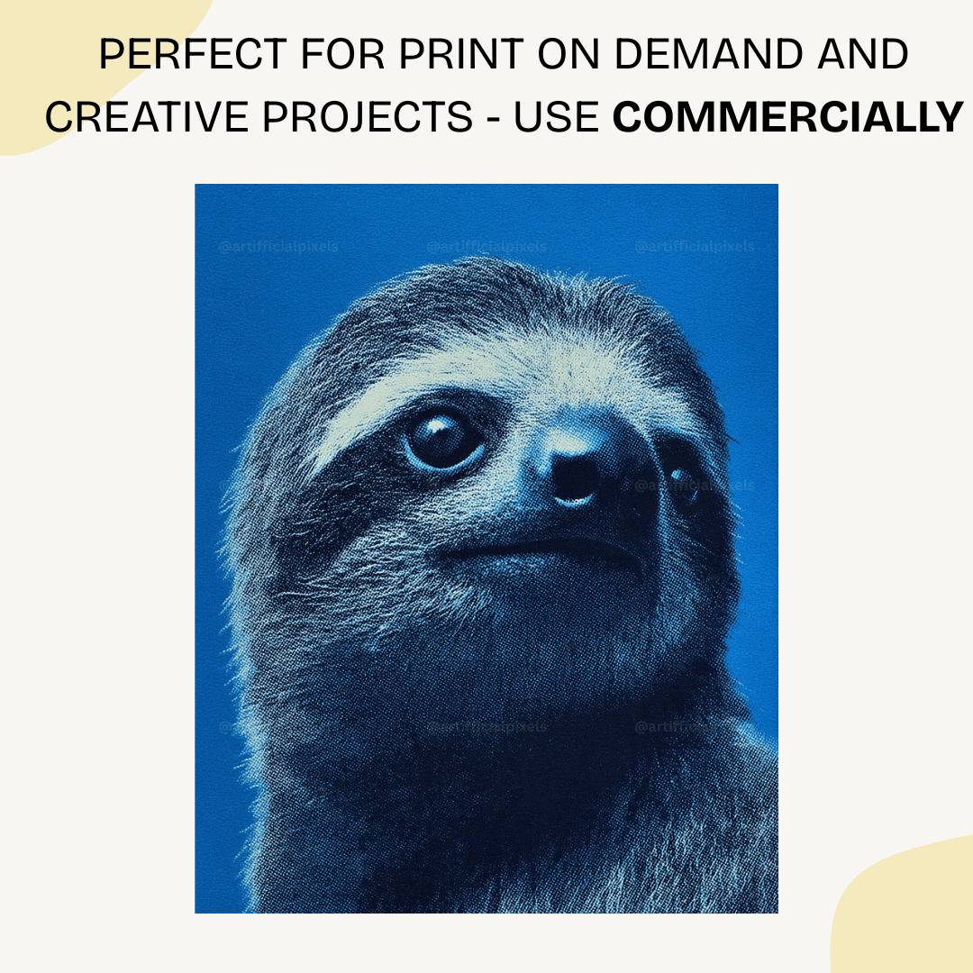 Sloth portrait in blue monochrome pointillism style perfect for print-on-demand products and commercial licensing

