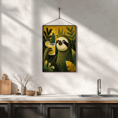 Sloth nature poster with tropical botanical elements perfect for eco-friendly wall art
