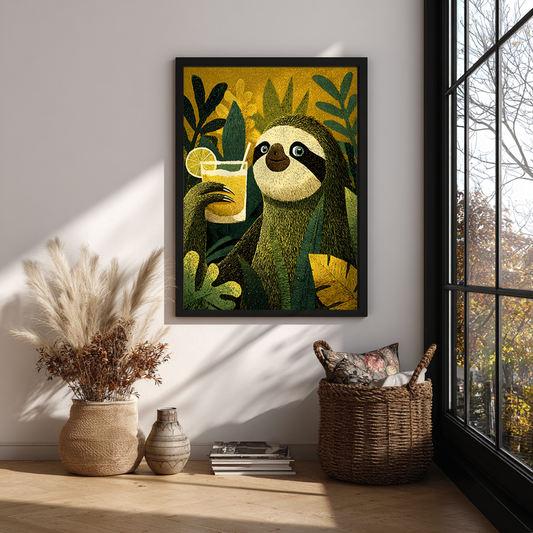 Sloth botanical poster showcased in contemporary living room interior setting


