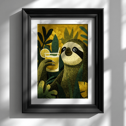 Sloth tropical art poster displayed in elegant black frame on white wall



