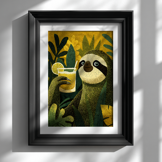 Sloth tropical art poster displayed in elegant black frame on white wall



