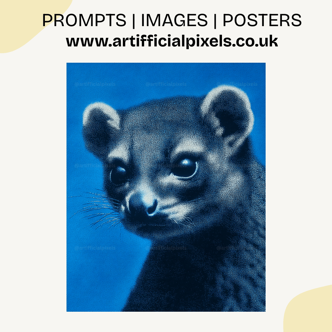 Small animal portrait in blue monochrome pointillism technique generated with Midjourney prompt for poster and wall art sales

