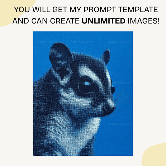 Sugar glider portrait in blue monochrome pointillism style created with Midjourney AI prompt for wall art and digital prints

