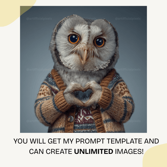 Surreal owl wearing patterned knitted jumper making heart gesture, hyper-realistic AI art for digital prints

