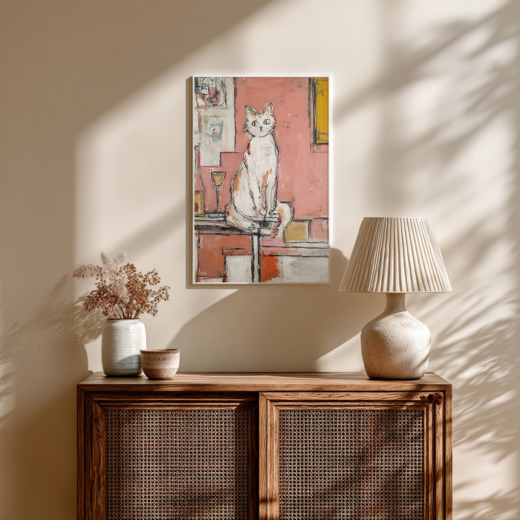 Cat and wine abstract poster displayed above wooden cabinet, warm minimalist home interior