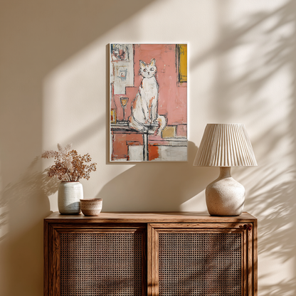 Cat and wine abstract poster displayed above wooden cabinet, warm minimalist home interior
