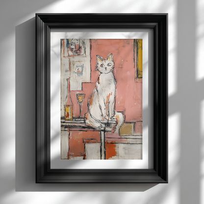 Modern abstract cat and wine art print framed in black on white wall, stylish home decor poster
