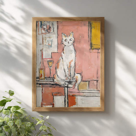 Cat and wine abstract art print framed in wood, hanging on bright modern interior wall
