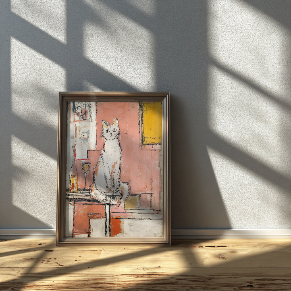 Contemporary cat and wine art print in glass frame, minimalist modern home decor