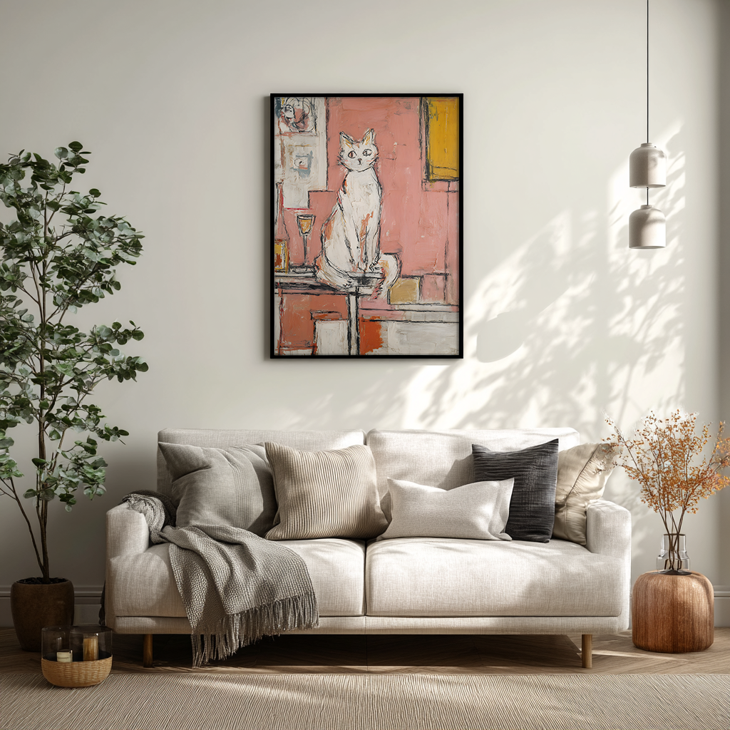 The Cat and the Wine wall art in modern living room setting, soft pink and mustard abstract cat print