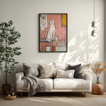 The Cat and the Wine wall art in modern living room setting, soft pink and mustard abstract cat print
