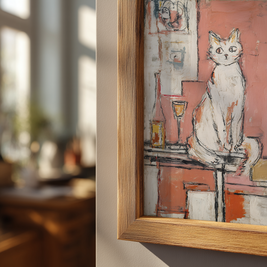 Close-up view of cat and wine poster in natural wood frame, pink and mustard modern abstract art