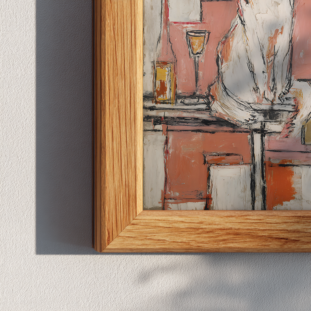 corner shot of framed cat and wine art print, oak frame with textured painting surface