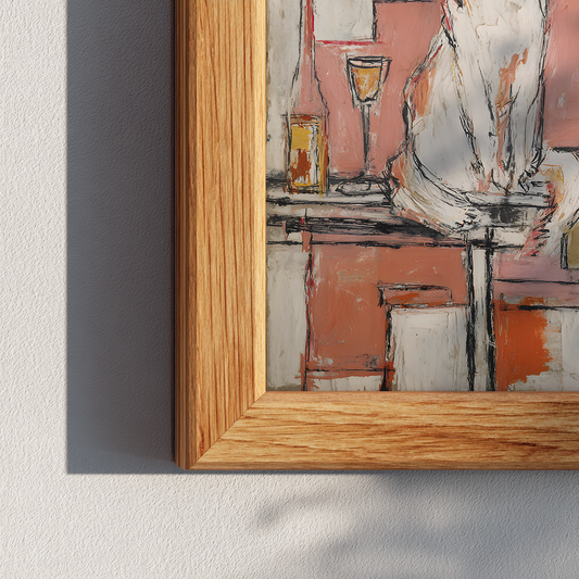 corner shot of framed cat and wine art print, oak frame with textured painting surface