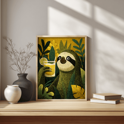 Tropical sloth wall art poster with botanical print design for modern tropical decor


