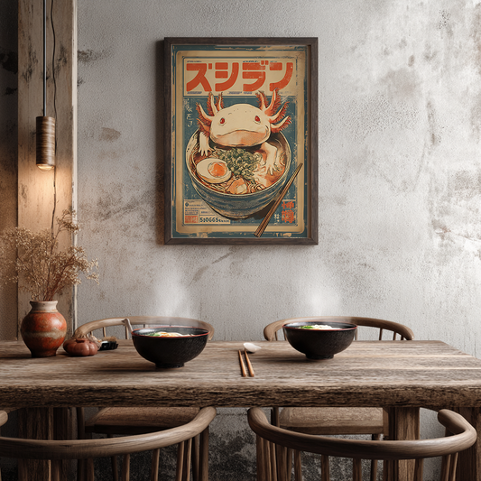 Vintage axolotl ramen poster featuring cute axolotl character in Japanese-inspired retro design