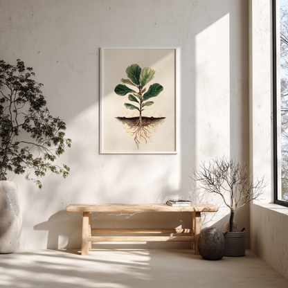 Fiddle fig botanical poster mockup above wooden Scandinavian bench in minimalist room