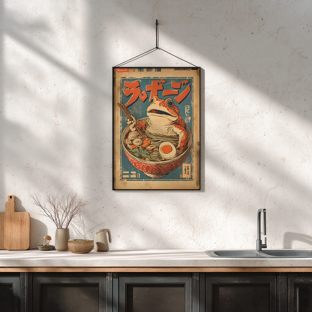 Vintage frog ramen poster displayed in modern kitchen setting as wall art