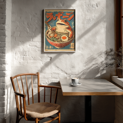 Vintage frog ramen poster displayed in minimalist Scandinavian cafe setting