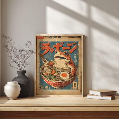 Vintage frog ramen poster above desk in Scandinavian home office setup