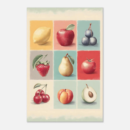 Close-up detail of vintage fruit collage poster print showing visual art design and print quality
