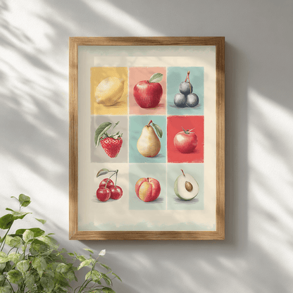 Vintage fruit collage poster print displayed in wooden frame on white wall showing visual art wall decor
