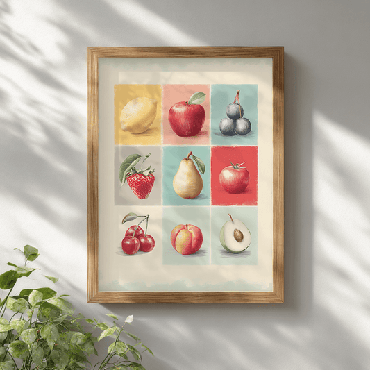 Vintage fruit collage poster print displayed in wooden frame on white wall showing visual art wall decor
