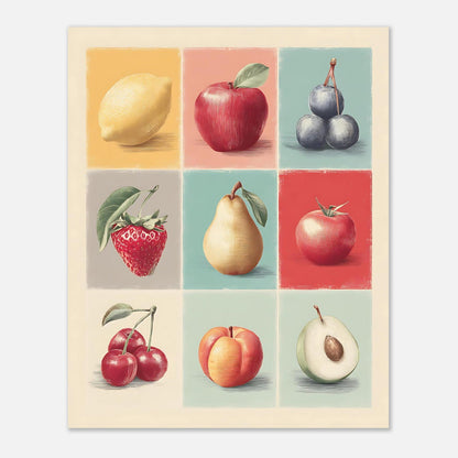 Vintage fruit pattern poster print featuring colorful design for wall art and decor

