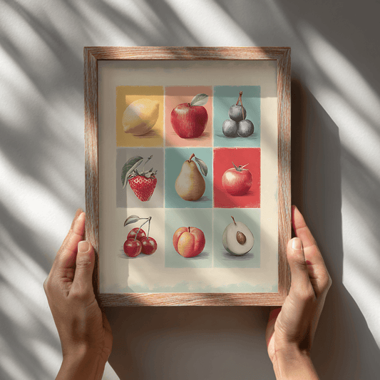 Vintage fruit collage artwork print held in wooden frame showing detailed visual art design
